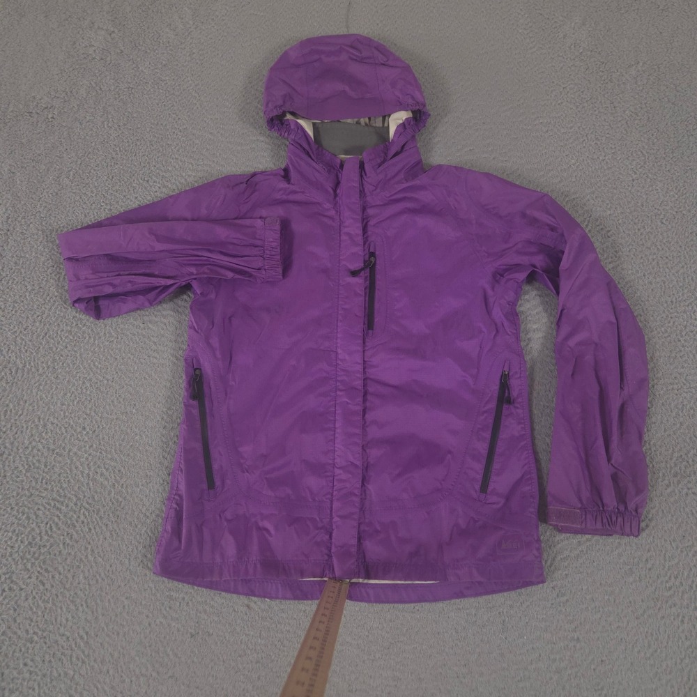 REI Jacket Girls Large 14-16 Purple Rain Coat Nylon Full Zip Hooded Windbreaker